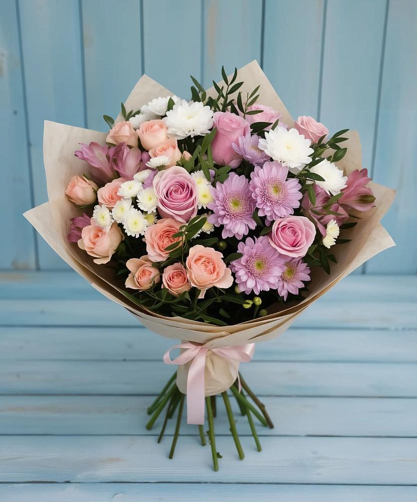 Букет цветов из: Хризантемы, Розы и Альстромерии в Чернышковский