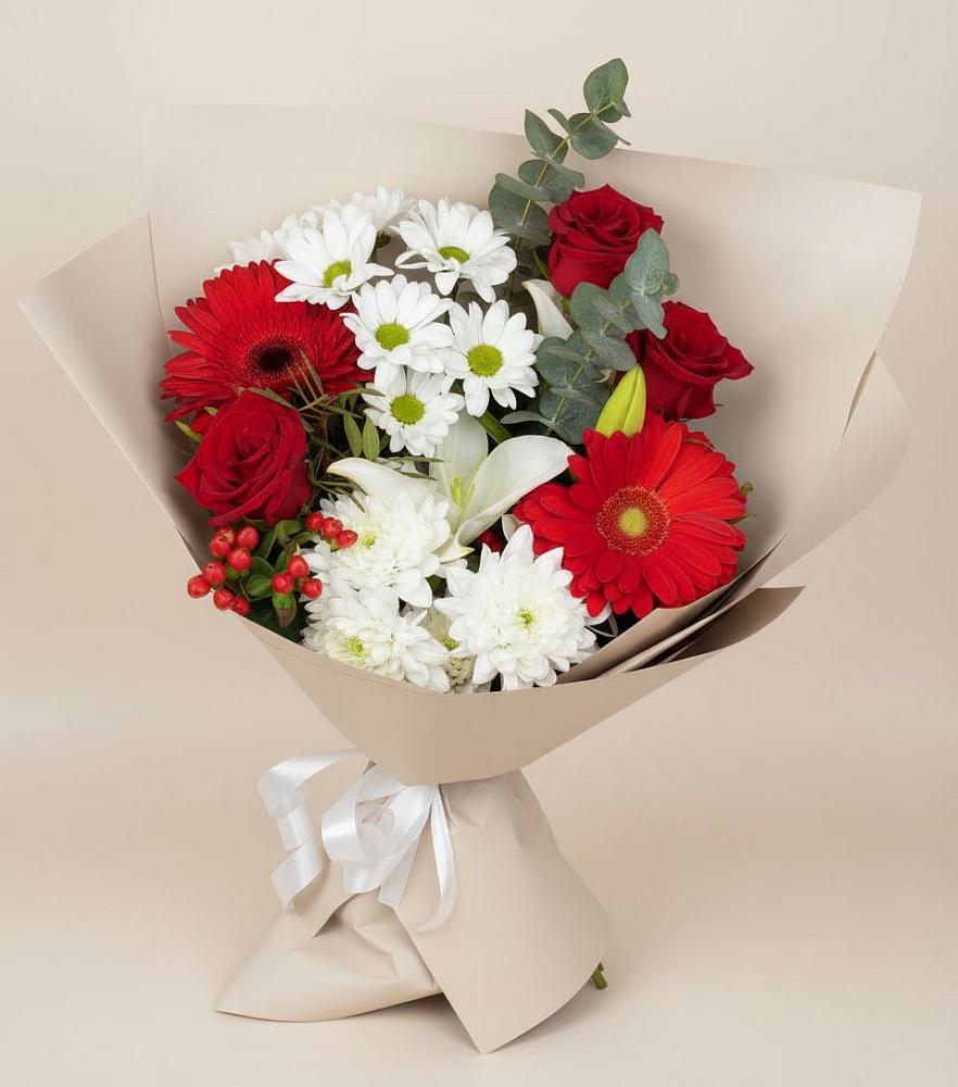 Букет цветов из: Розы, Хризантемы, Герберы и Лилии в Чернышковский