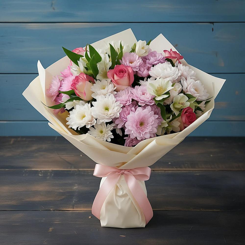 Букет цветов из: Хризантемы, Альстромерии и Розы в Чернышковский